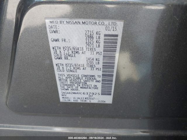 5N1AR2MN4FC637925 Nissan Pathfinder Platinum/s/sl/sv