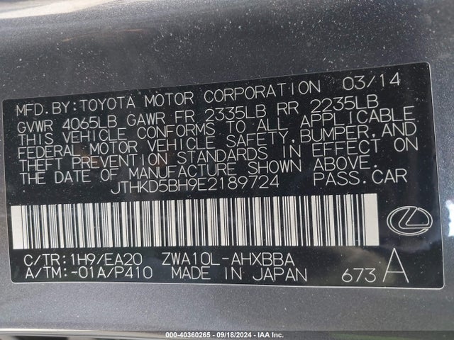 JTHKD5BH9E2189724 Lexus Ct 200h Hybrid
