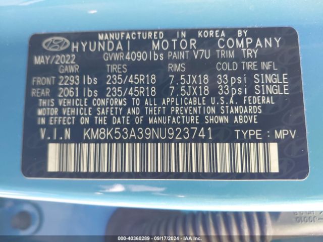 KM8K53A39NU923741 Hyundai Kona Limited