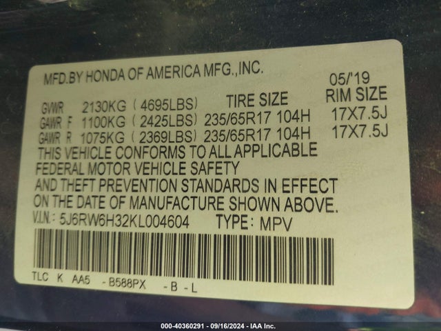 Honda CR-V LX 2019 5J6RW6H32KL004604 Image 9