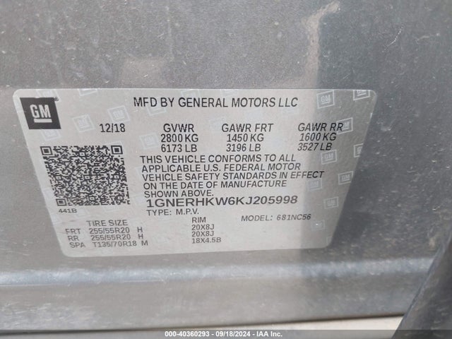 Chevrolet Traverse Lt Leather 2019 1GNERHKW6KJ205998 Image 9