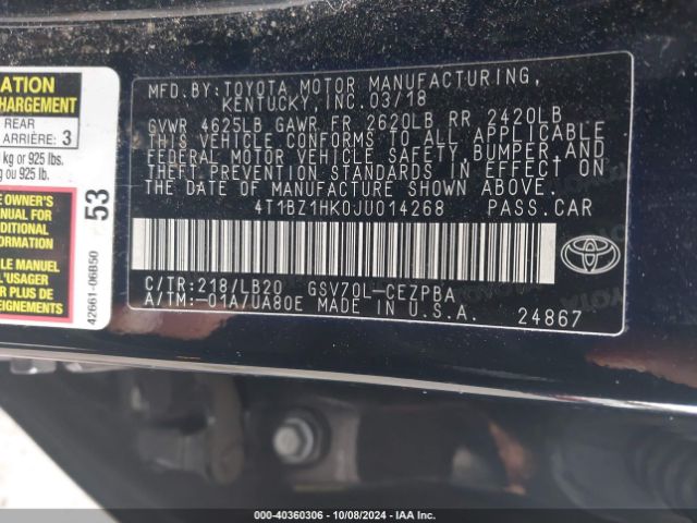4T1BZ1HK0JU014268 Toyota Camry Xse V6
