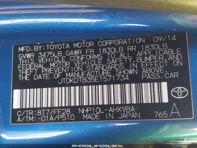 JTDKDTB35E1571734 Toyota Prius C Two