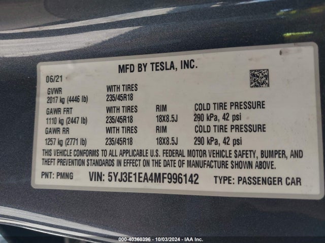 5YJ3E1EA4MF996142 Tesla Model 3 Standard Range Plus Rear-wheel Drive