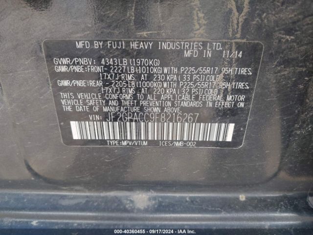 JF2GPACC9F8216267 Subaru Xv Crosstrek 2.0i Premium