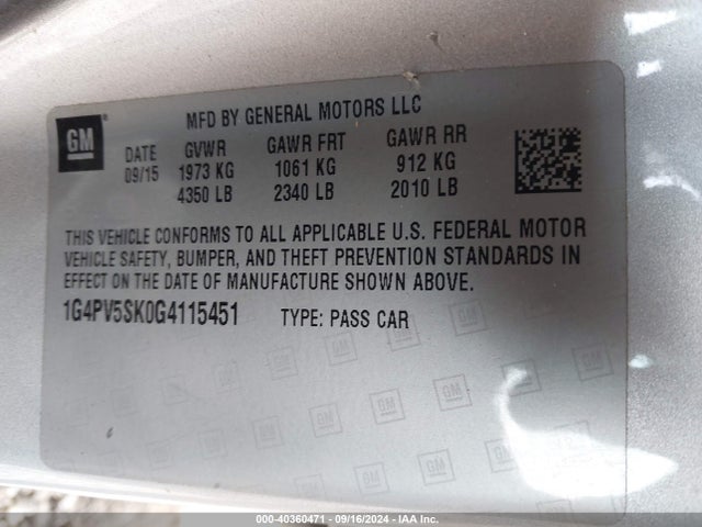 Buick Verano 1sv 2016 1G4PV5SK0G4115451 Image 9