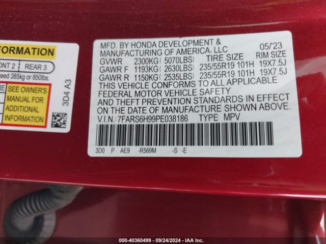 7FARS6H99PE038186 Honda Cr-v Hybrid Sport Touring