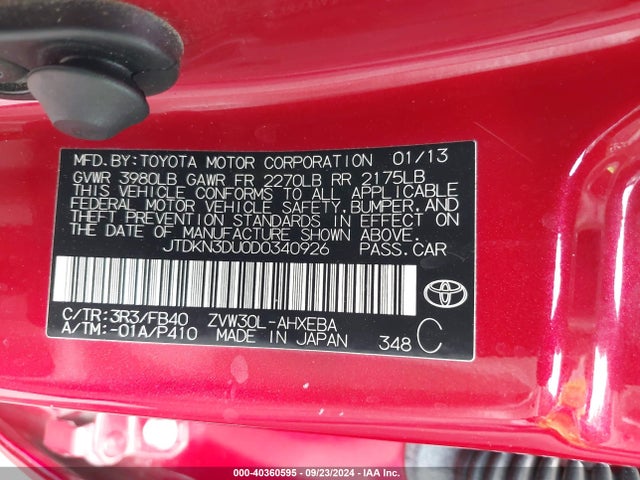 Aukcja sprzedaży 2013 Toyota Prius Three, vin: JTDKN3DU0D0340926, numer aukcji: 40360595