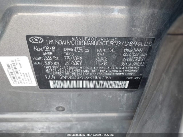 5NMS33AD2KH062196 Hyundai Santa Fe Sel Plus