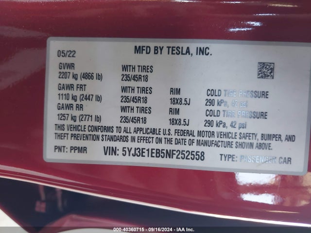 2022 TESLA MODEL 3 5YJ3E1EB5NF252558 Photo 8