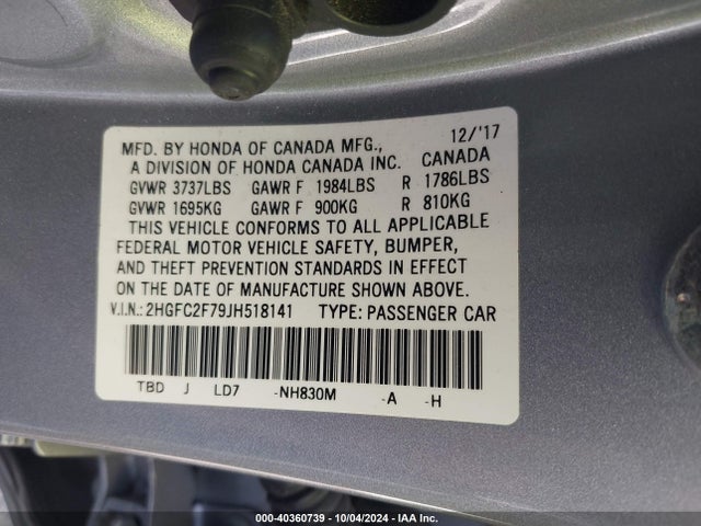 Honda CIVIC EX 2018 2HGFC2F79JH518141 Image 9