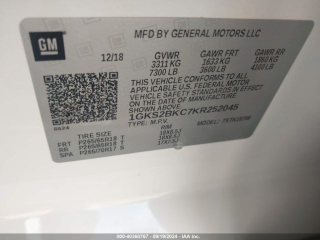 1GKS2BKC7KR252045 GMC YUKON SLT
