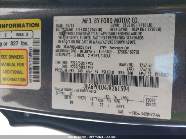 3FA6P0LU4JR261594 Ford Fusion Hybrid Se