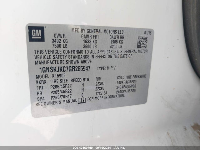 Chevrolet Suburban Ltz 2016 1GNSKJKC7GR265947 Image 9