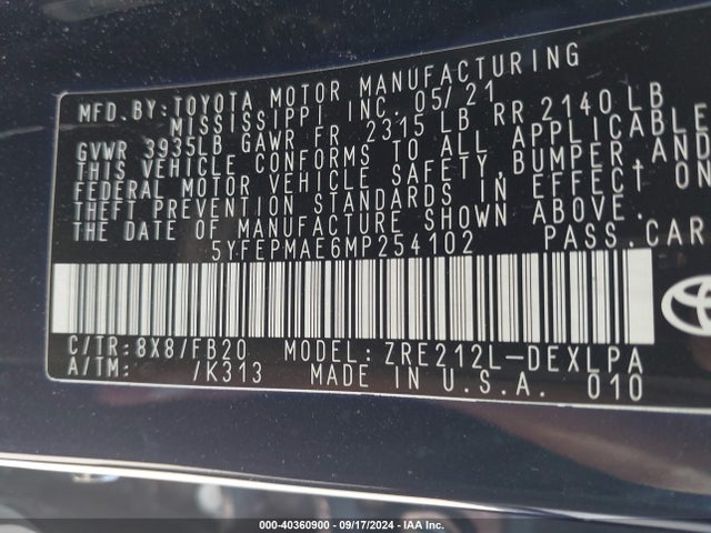 Toyota COROLLA LE 2021 5YFEPMAE6MP254102 Image 9
