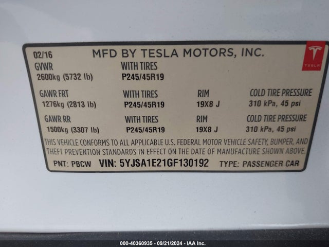2016 TESLA MODEL S 5YJSA1E21GF130192 Photo 8