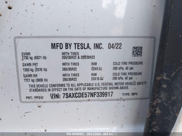 2022 TESLA MODEL X 7SAXCDE57NF339917 Photo 8