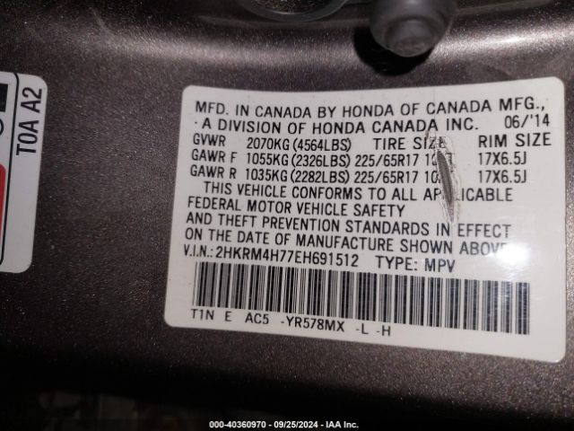 2HKRM4H77EH691512 Honda Cr-v Ex-l