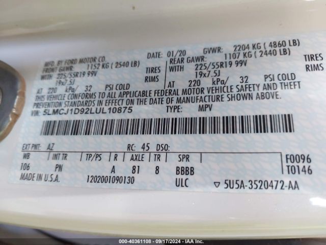 5LMCJ1D92LUL10875 Lincoln Corsair Standard