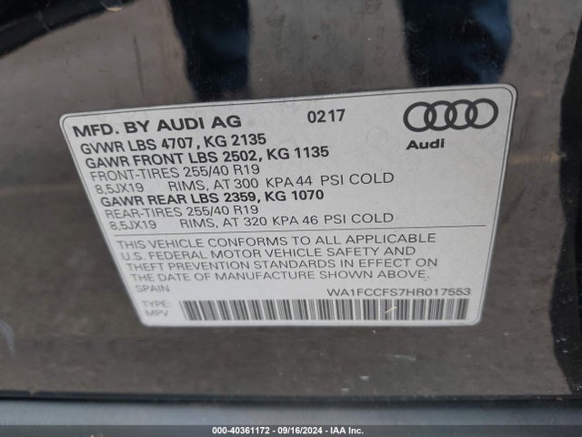WA1FCCFS7HR017553 Audi Q3 2.0t Premium