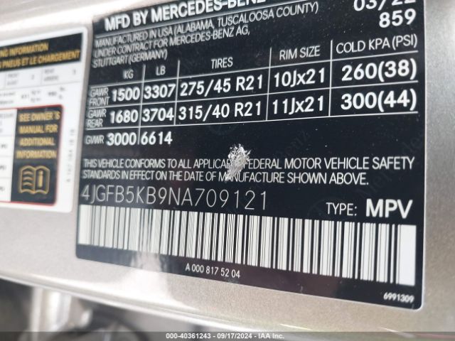 4JGFB5KB9NA709121 Mercedes-Benz Gle 450 4matic