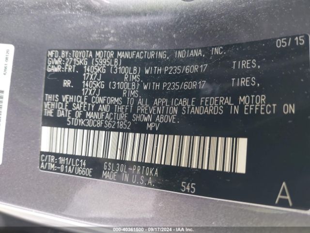 5TDYK3DC8FS621852 Toyota Sienna Xle Premium 8 Passenger