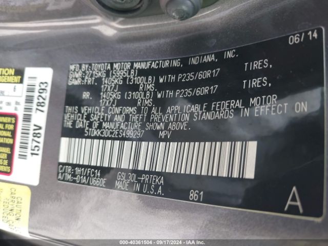 5TDKK3DC2ES499297 Toyota Sienna Le V6 8 Passenger