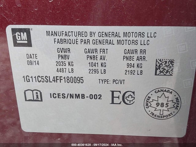 Chevrolet MALIBU 1LT 2015 1G11C5SL4FF180095 Image 9