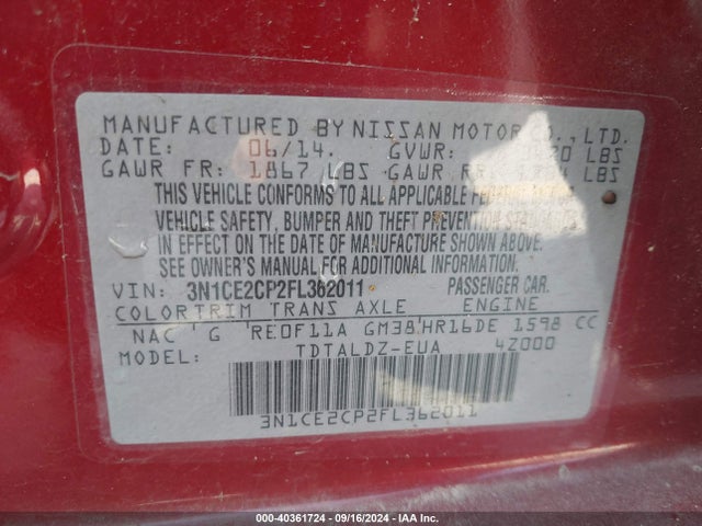 Nissan Versa Note Sv 2015 3N1CE2CP2FL362011 Image 9