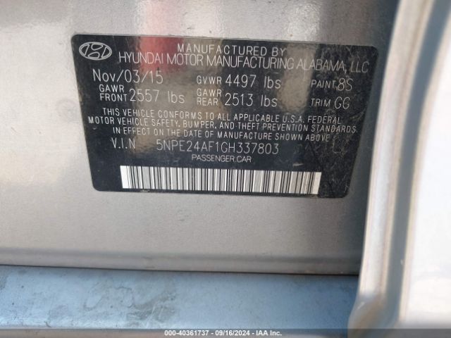 5NPE24AF1GH337803 Hyundai SONATA SE