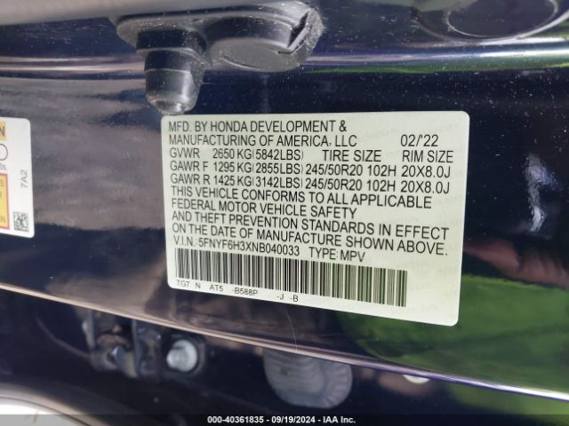 5FNYF6H3XNB040033 Honda Pilot Awd Sport