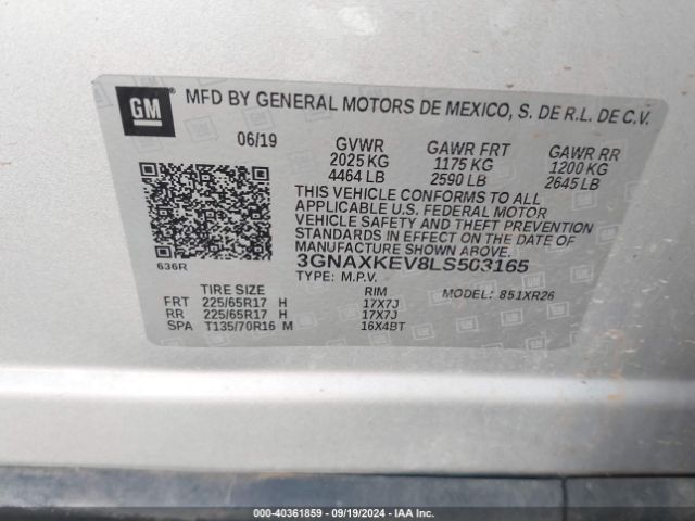 3GNAXKEV8LS503165 Chevrolet Equinox Fwd Lt 1.5l Turbo