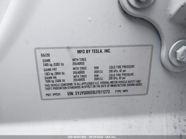 2020 TESLA MODEL Y 5YJYGDEE0LF011273 Photo 8
