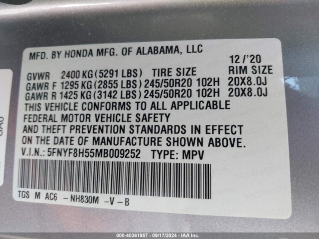 Honda Passport Awd Ex-l 2021 5FNYF8H55MB009252 Image 9
