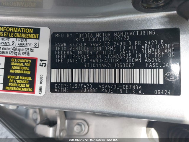 Toyota CAMRY LE 2020 4T1C11AK2LU363067 Image 9