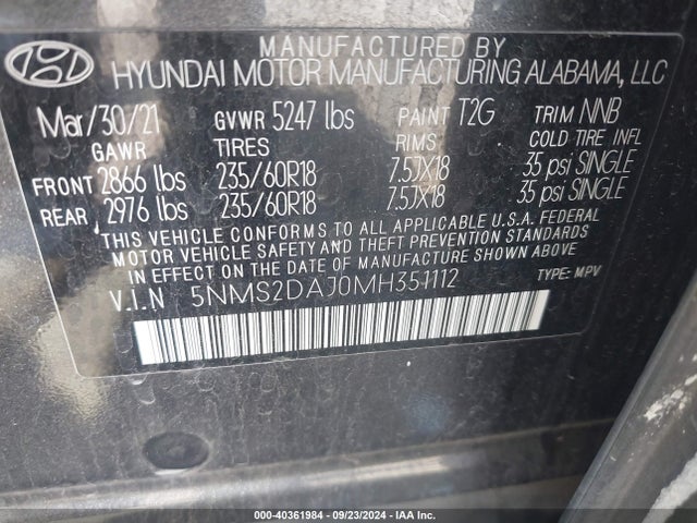 Hyundai Santa Fe Sel 2021 5NMS2DAJ0MH351112 Image 9