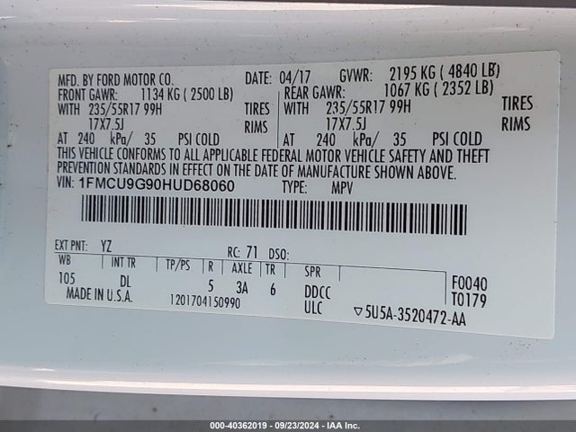 Ford ESCAPE SE 2017 1FMCU9G90HUD68060 Image 9
