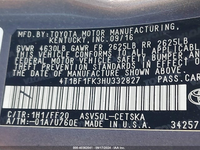 Toyota CAMRY SE 2017 4T1BF1FK3HU332827 Image 9