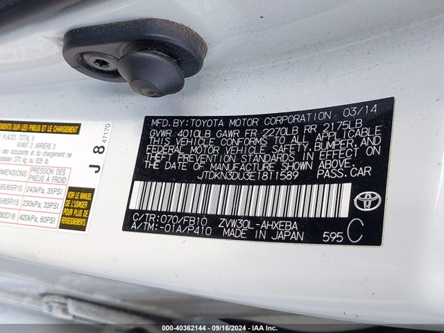 Toyota Prius Two 2014 JTDKN3DU3E1811589 Image 9