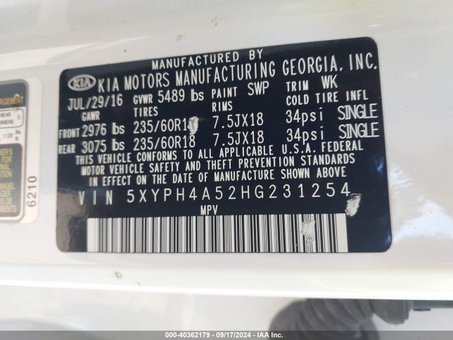 KIA Sorento 3.3l Ex 2017 5XYPH4A52HG231254 Image 9