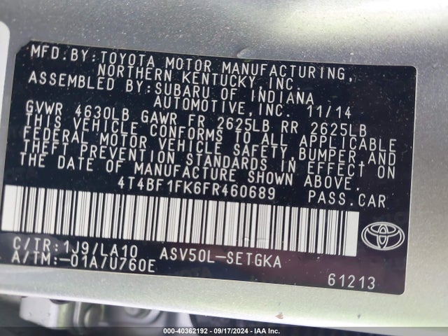 Toyota CAMRY XLE 2015 4T4BF1FK6FR460689 Image 9