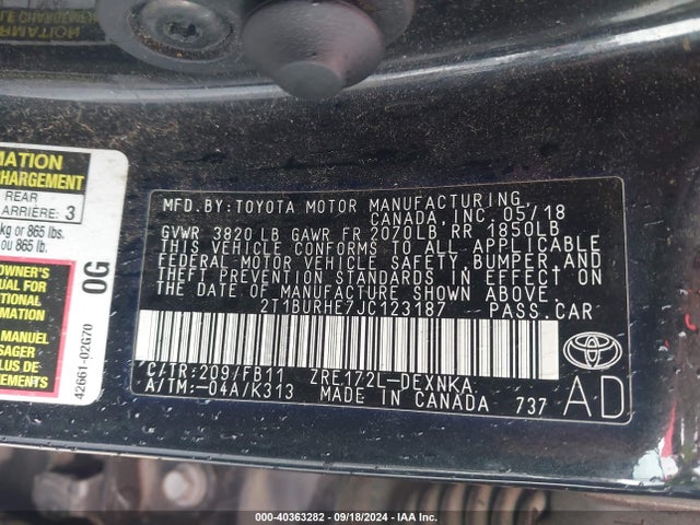 Toyota COROLLA LE 2018 2T1BURHE7JC123187 Image 9