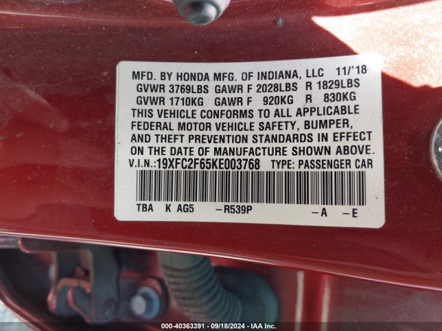 Honda Civic Lx 2019 19XFC2F65KE003768 Image 9