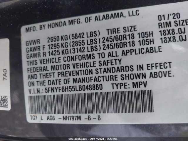 5FNYF6H55LB048880 Honda Pilot Awd Ex-l