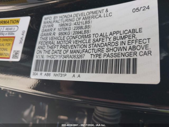 1HGCY1F34RA063267 Honda ACCORD EX
