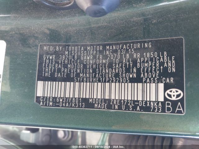 5YFBURHE1FP292905 Toyota Corolla Le Plus