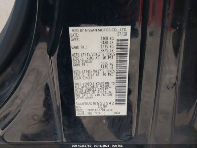 5BZAF0AA0JN852542 Nissan Nv Passenger Nv3500 Hd Sl V8