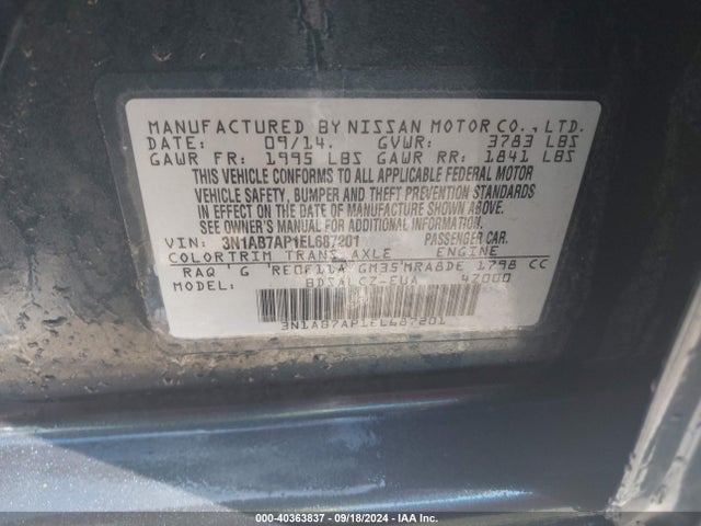 Nissan SENTRA S 2014 3N1AB7AP1EL687201 Image 9