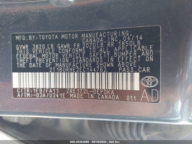 2T1BURHE2EC144762 Toyota COROLLA L