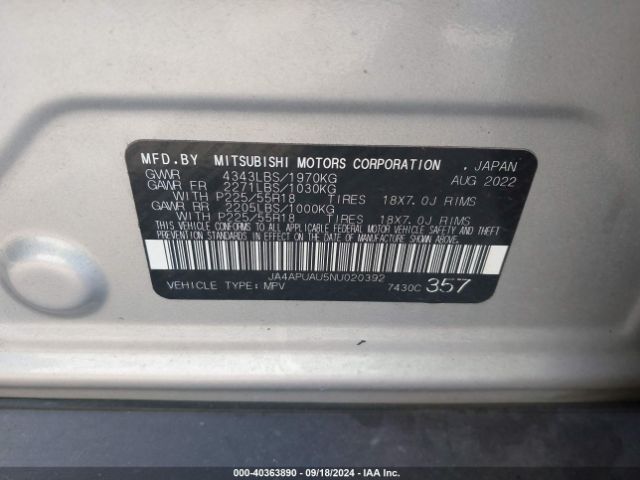 JA4APUAU5NU020392 Mitsubishi Outlander Sport 2.0 Be 2wd/2.0 Es 2wd/2.0 Le 2wd/2.0 S 2wd